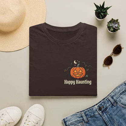 Halloween Pumpkin Graphic T-Shirt — "Happy Haunting" Cute Cat Jack-o'-Lantern Tee