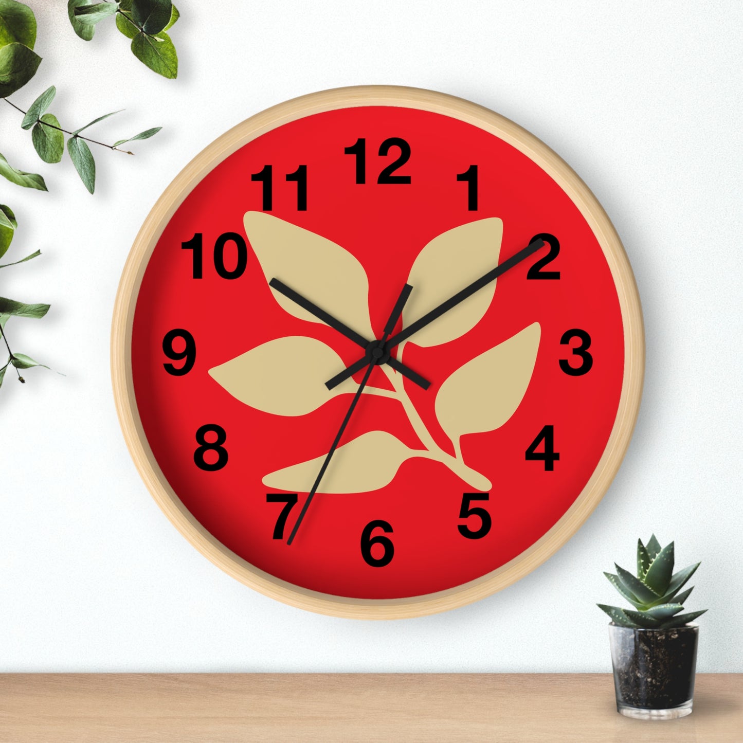 Botanical Red Wall Clock — Minimal Leaf Design Decorative Clock