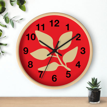 Botanical Red Wall Clock — Minimal Leaf Design Decorative Clock