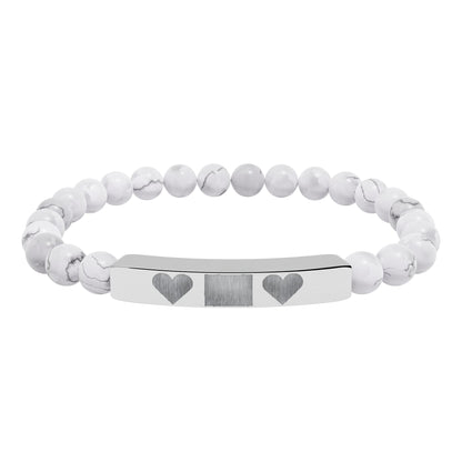 Engravable Natural Stone Bar Bracelet — Personalized Heart Stretch Bead Bracelet I LOVE YOU MOM WITH HEARTS