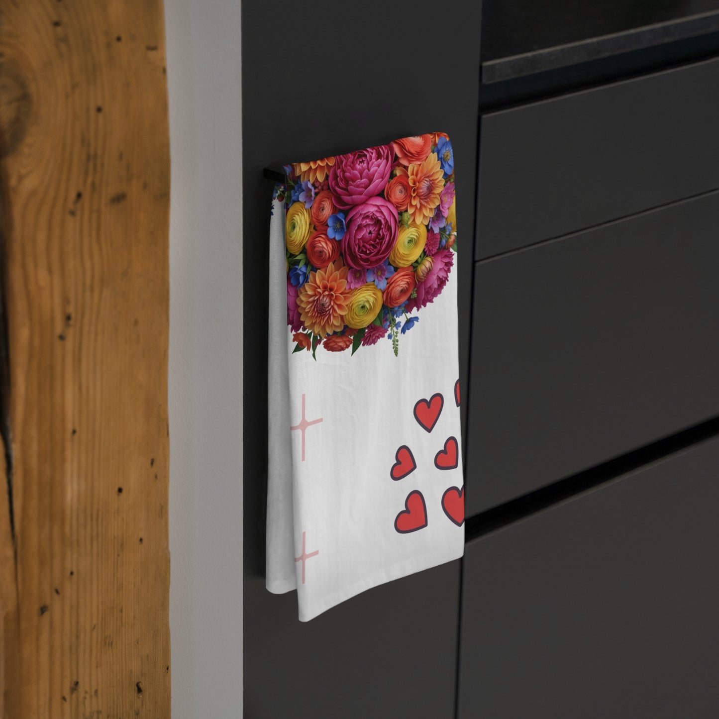 Floral Heart Bouquet Tea Towel — Bright Flower Ball with Hearts Kitchen Towel