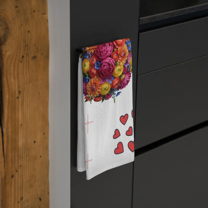 Floral Heart Bouquet Tea Towel — Bright Flower Ball with Hearts Kitchen Towel