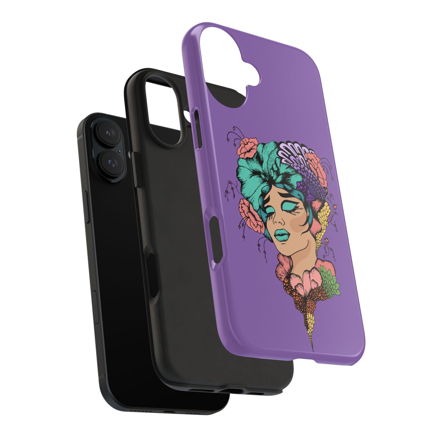 Floral Dreamer Tough Phone Case — Purple Artistic Woman Illustration, Protective iPhone Cover