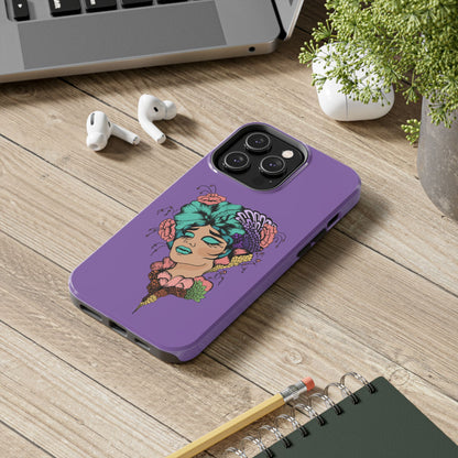 Floral Dreamer Tough Phone Case — Purple Artistic Woman Illustration, Protective iPhone Cover