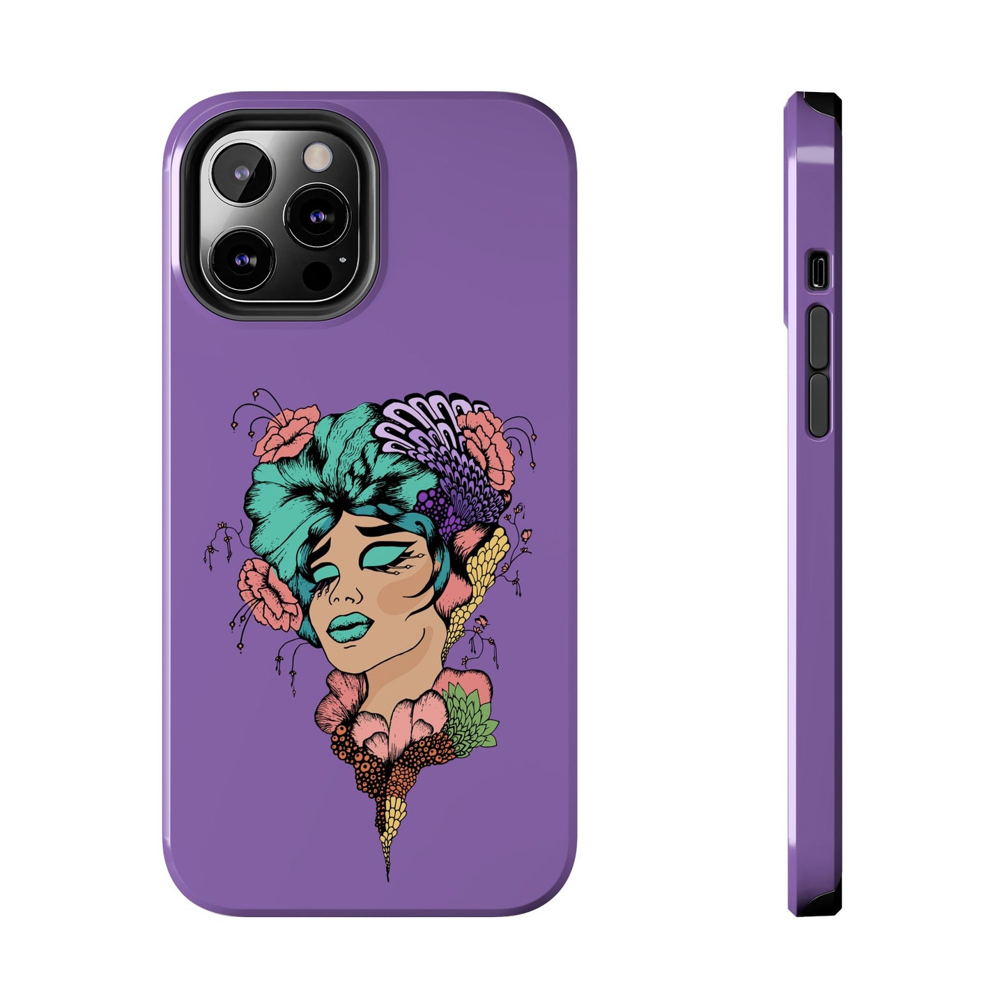 Floral Dreamer Tough Phone Case — Purple Artistic Woman Illustration, Protective iPhone Cover