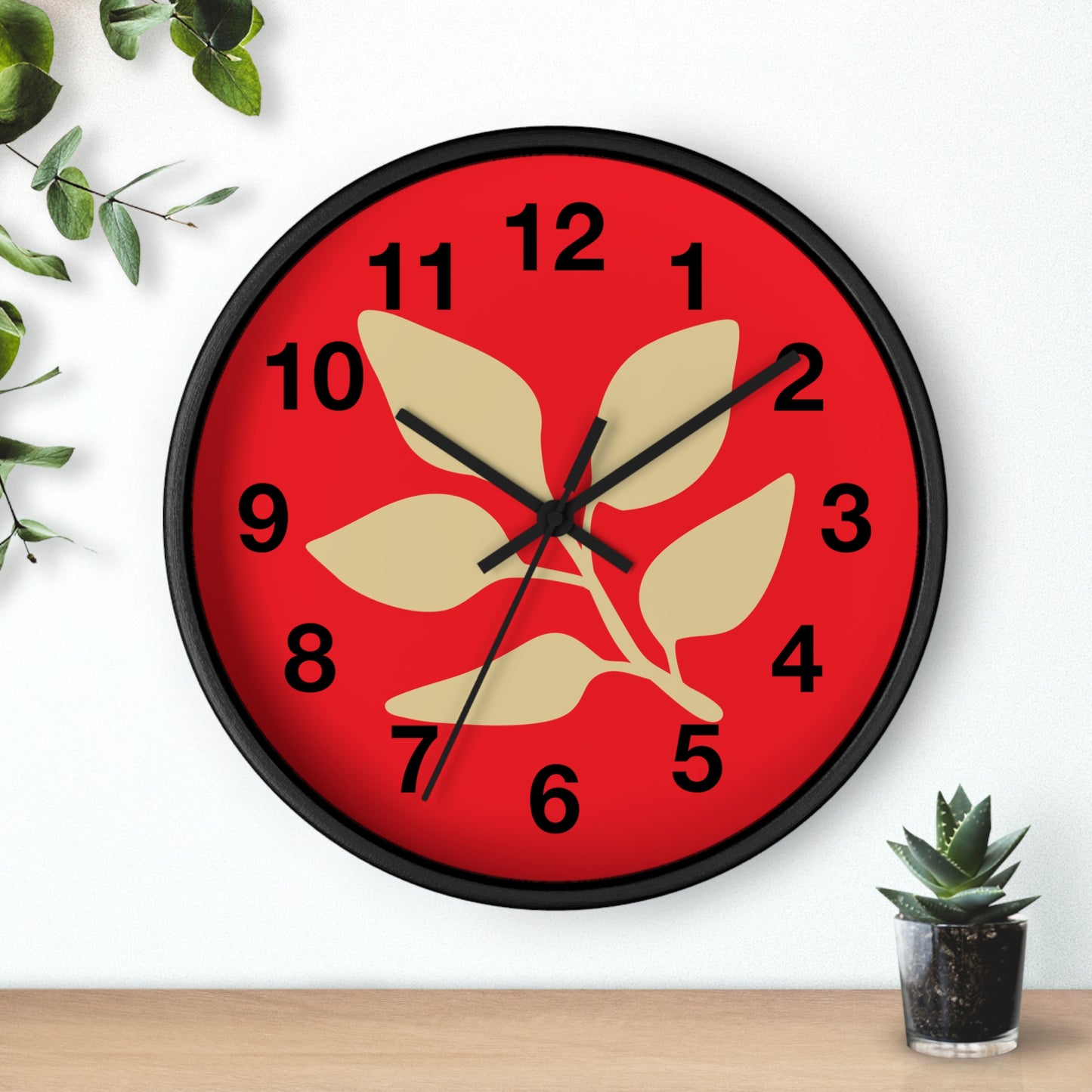 Botanical Red Wall Clock — Minimal Leaf Design Decorative Clock