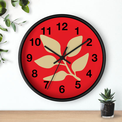 Botanical Red Wall Clock — Minimal Leaf Design Decorative Clock
