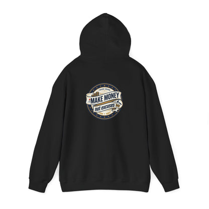 Make Money Not Excuses Hoodie — Motivational Vintage Badge Hooded Sweatshirt
