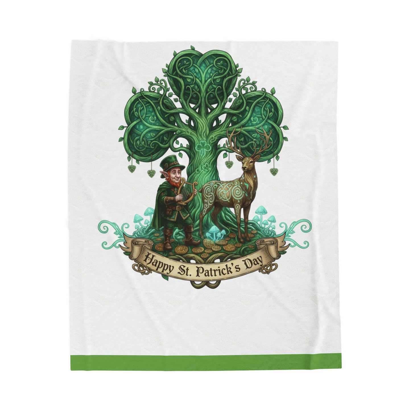St. Patrick's Day Velveteen Plush Blanket — Celtic Tree, Leprechaun & Deer Design