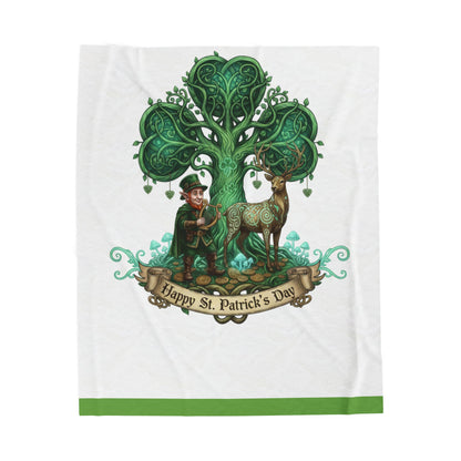 St. Patrick's Day Velveteen Plush Blanket — Celtic Tree, Leprechaun & Deer Design