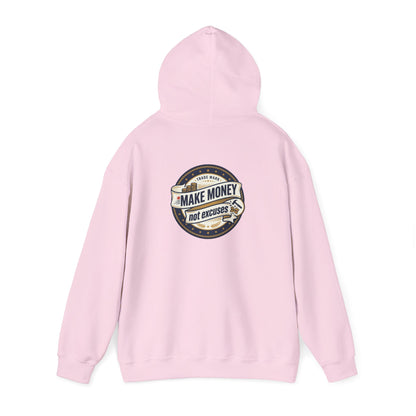 Make Money Not Excuses Hoodie — Motivational Vintage Badge Hooded Sweatshirt
