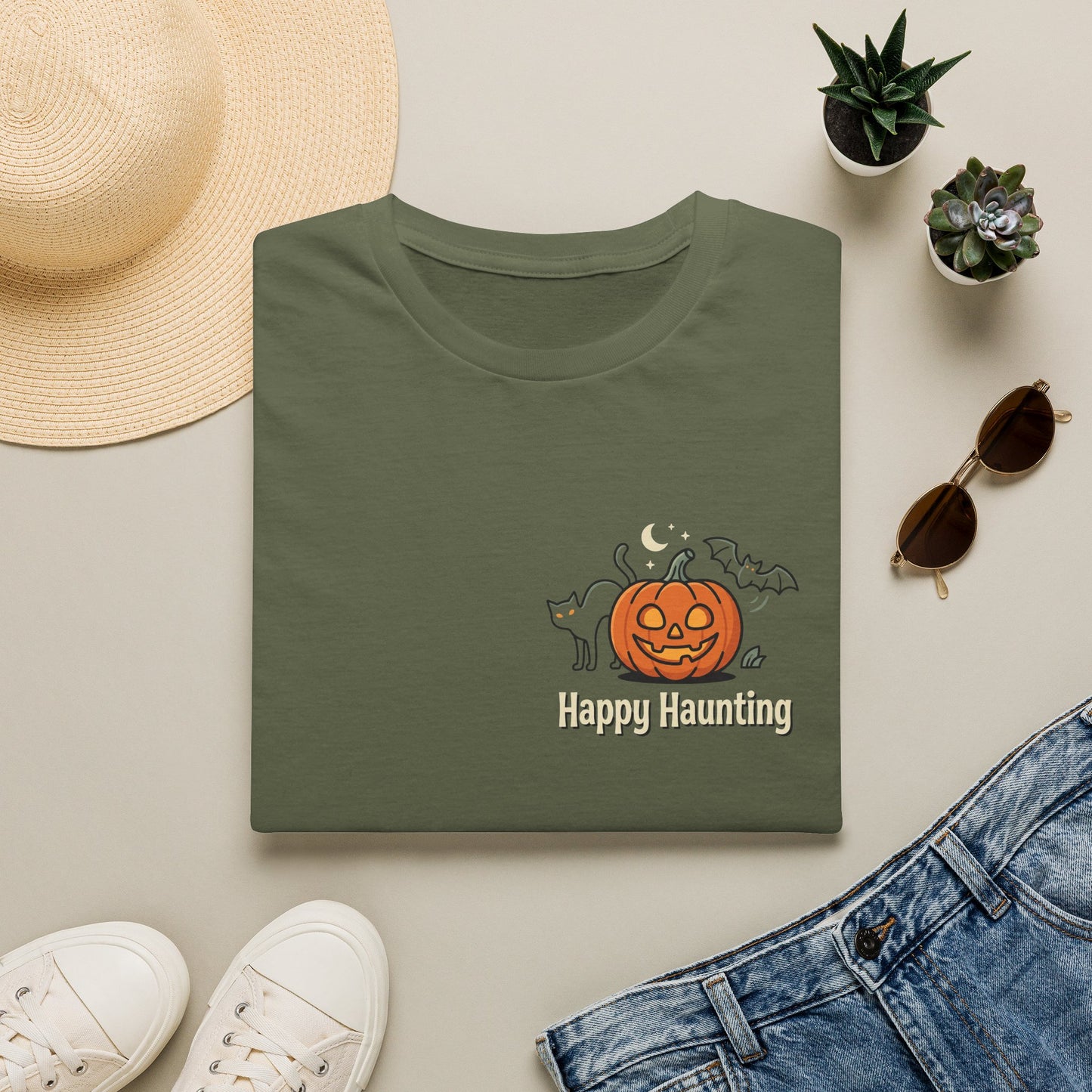 Halloween Pumpkin Graphic T-Shirt — "Happy Haunting" Cute Cat Jack-o'-Lantern Tee
