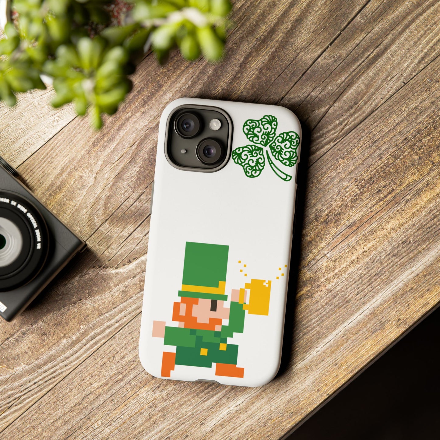 St. Patrick’s Pixel Leprechaun Phone Case — Cute Retro Gaming Clover Design