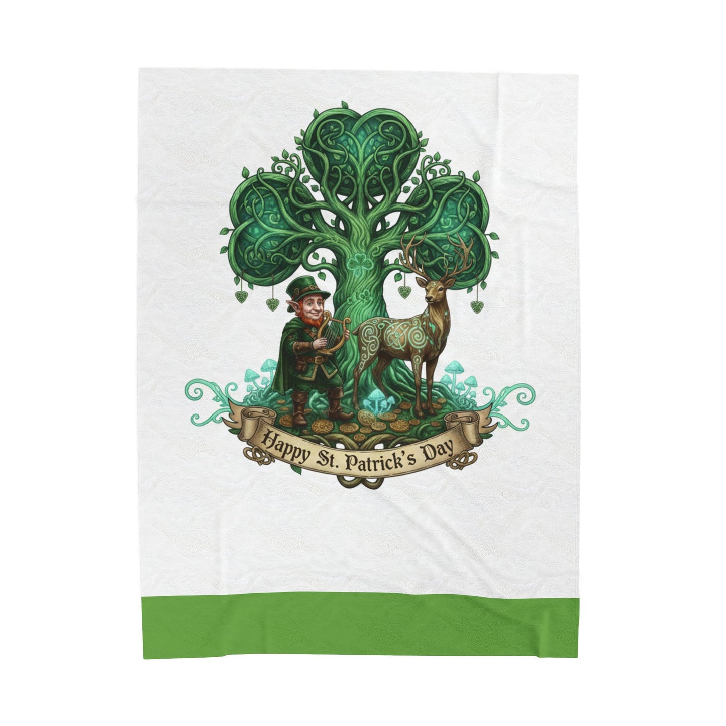 St. Patrick's Day Velveteen Plush Blanket — Celtic Tree, Leprechaun & Deer Design