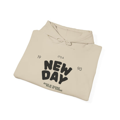 New Day Hoodie — "New Day" Graphic Pullover with Star & Heart Sleeve Accents