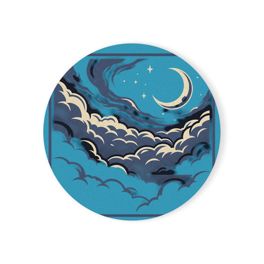 Moonlit Clouds Cork Coaster — Crescent Moon Night Sky Drink Coaster