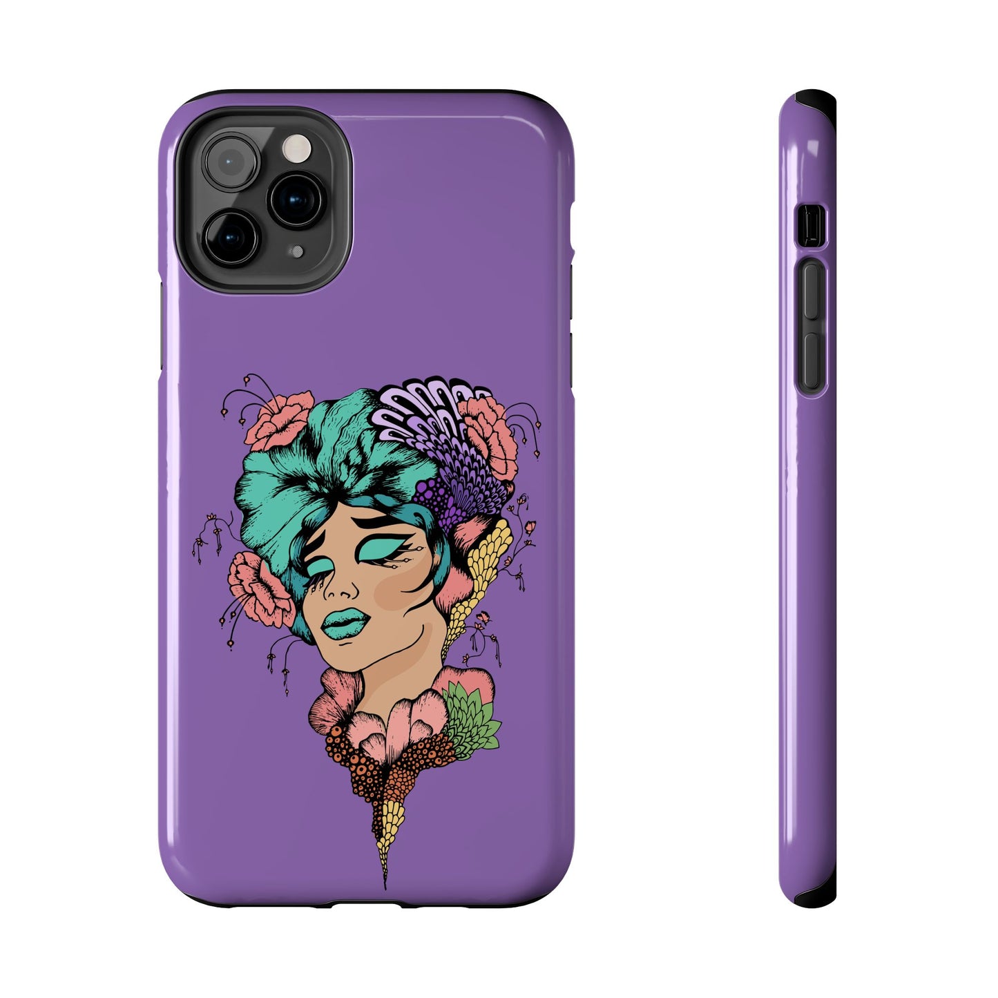 Floral Dreamer Tough Phone Case — Purple Artistic Woman Illustration, Protective iPhone Cover