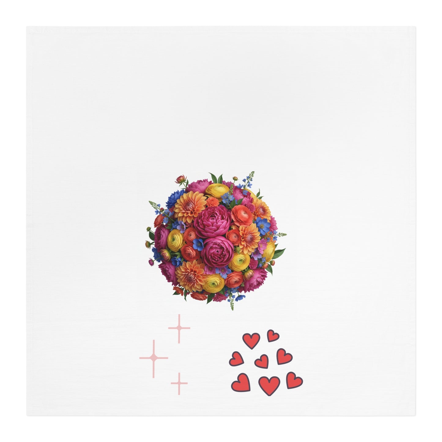 Floral Heart Bouquet Tea Towel — Bright Flower Ball with Hearts Kitchen Towel