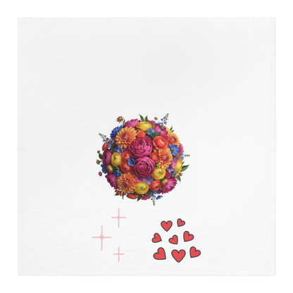 Floral Heart Bouquet Tea Towel — Bright Flower Ball with Hearts Kitchen Towel