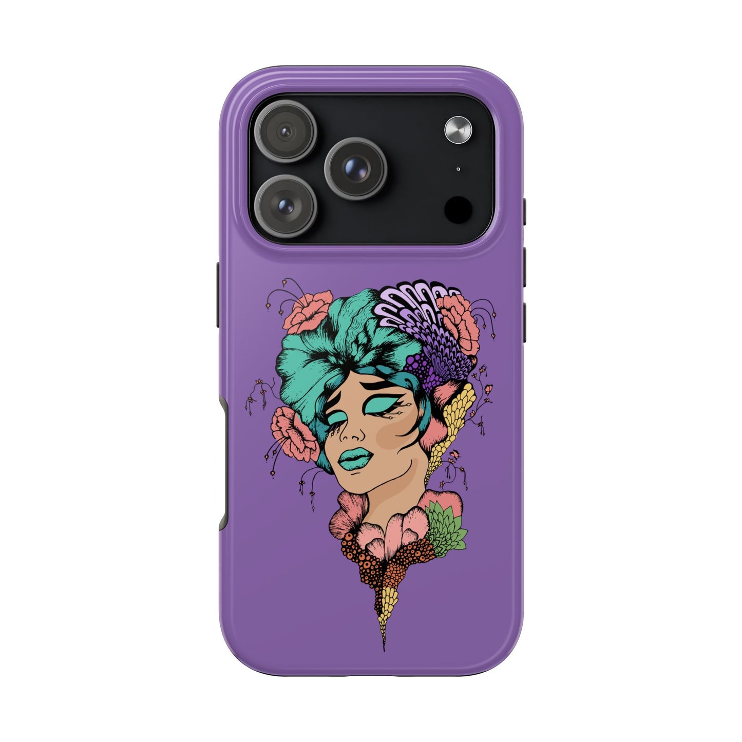 Floral Dreamer Tough Phone Case — Purple Artistic Woman Illustration, Protective iPhone Cover