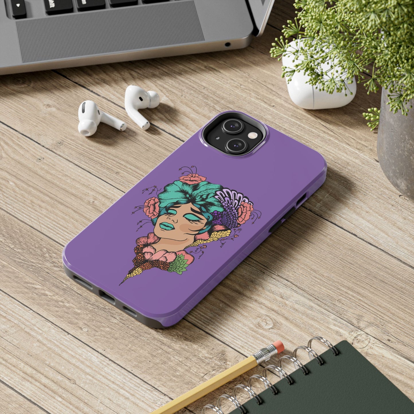 Floral Dreamer Tough Phone Case — Purple Artistic Woman Illustration, Protective iPhone Cover