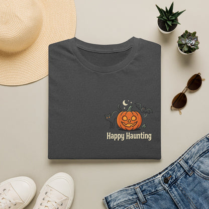 Halloween Pumpkin Graphic T-Shirt — "Happy Haunting" Cute Cat Jack-o'-Lantern Tee