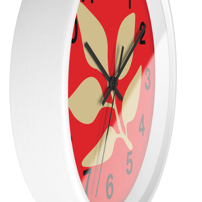Botanical Red Wall Clock — Minimal Leaf Design Decorative Clock