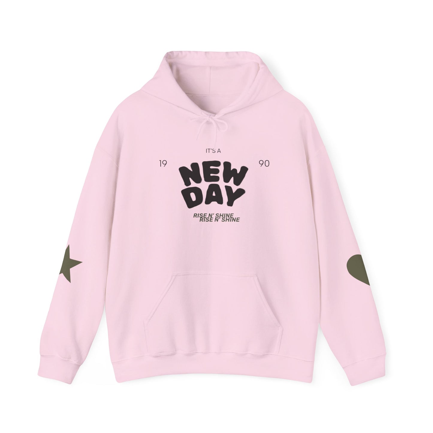 New Day Hoodie — "New Day" Graphic Pullover with Star & Heart Sleeve Accents