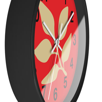 Botanical Red Wall Clock — Minimal Leaf Design Decorative Clock