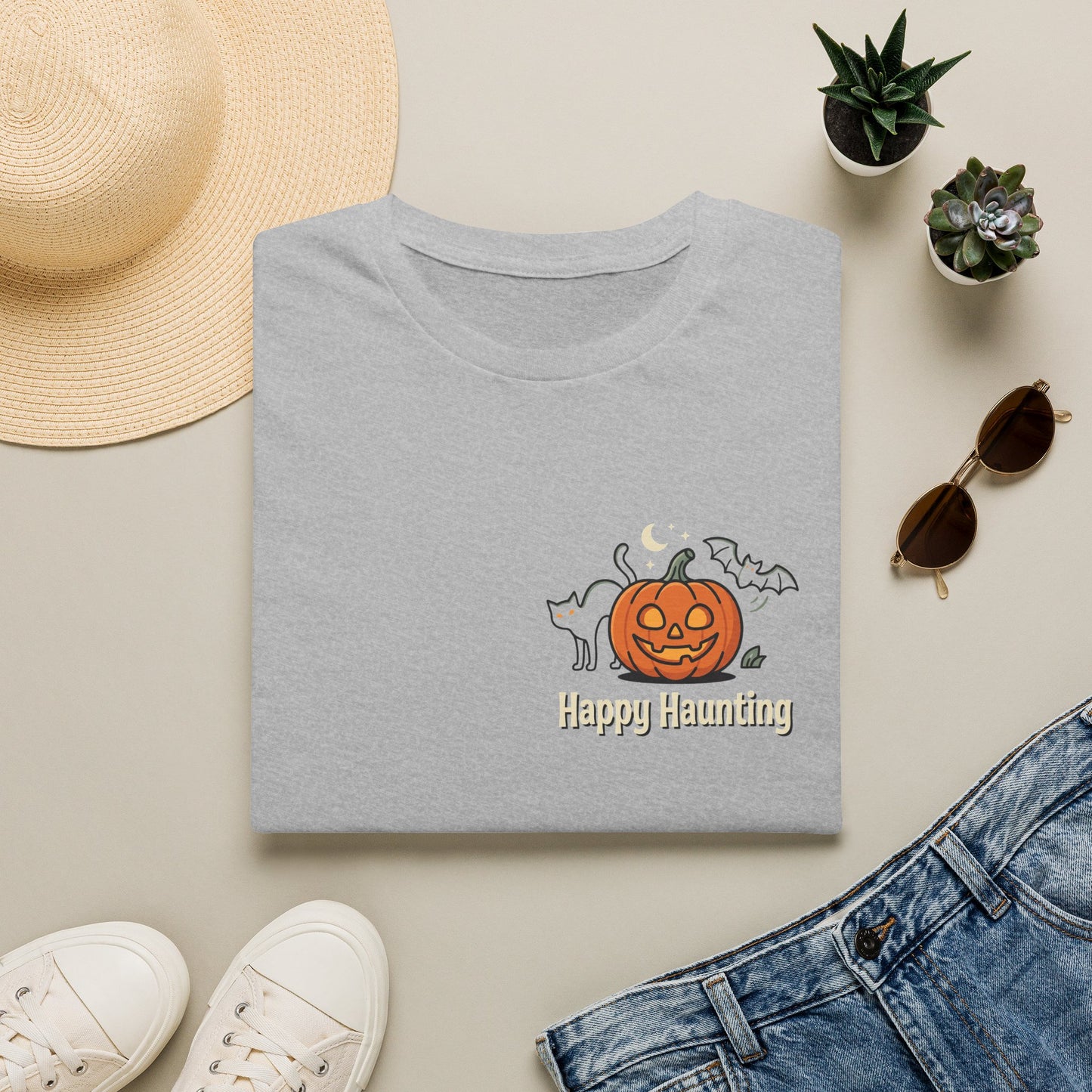 Halloween Pumpkin Graphic T-Shirt — "Happy Haunting" Cute Cat Jack-o'-Lantern Tee