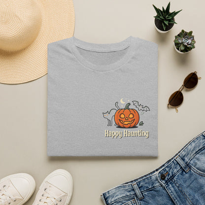Halloween Pumpkin Graphic T-Shirt — "Happy Haunting" Cute Cat Jack-o'-Lantern Tee