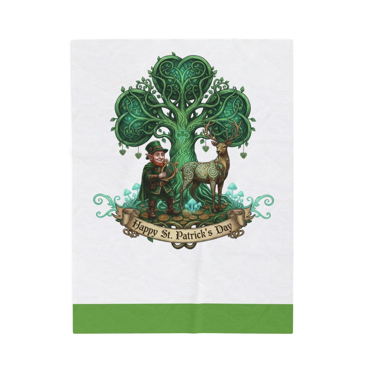 St. Patrick's Day Velveteen Plush Blanket — Celtic Tree, Leprechaun & Deer Design