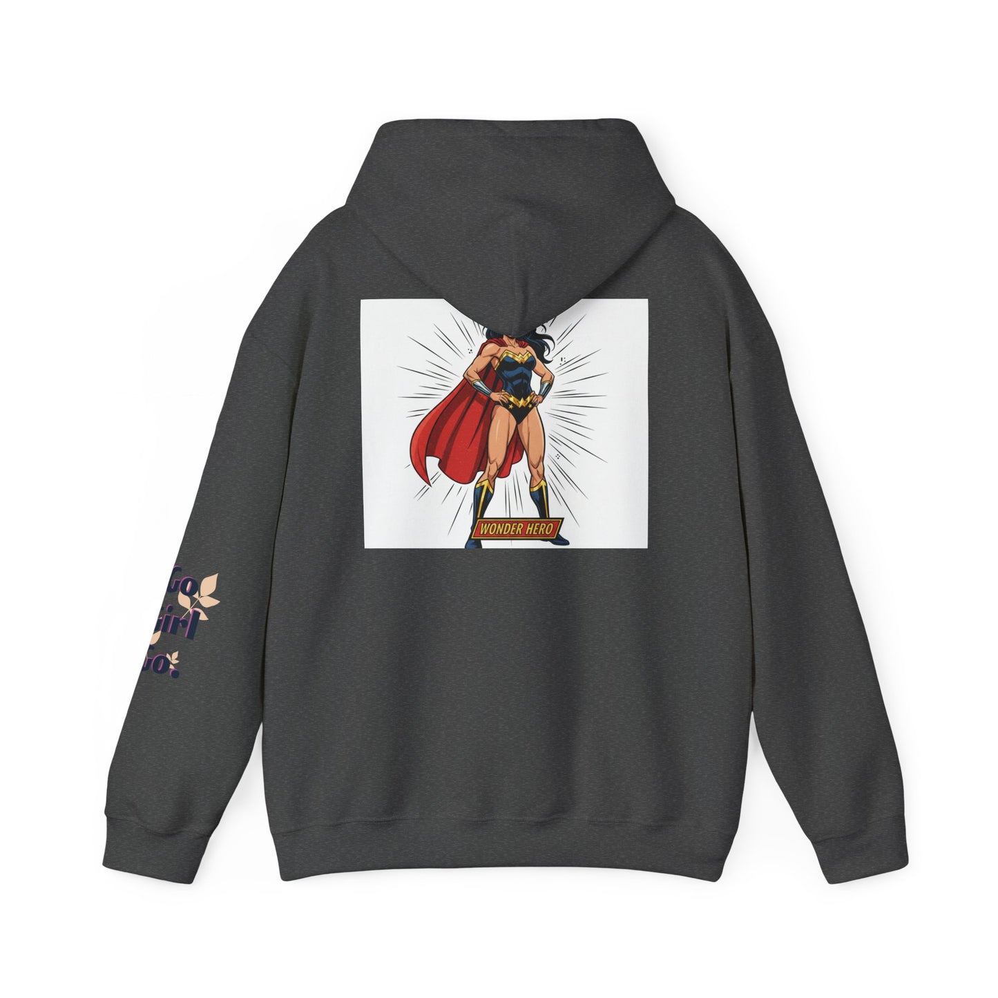 Wonder Woman Hoodie — Vintage Superhero Graphic Sweatshirt ('Go girl' sleeve)