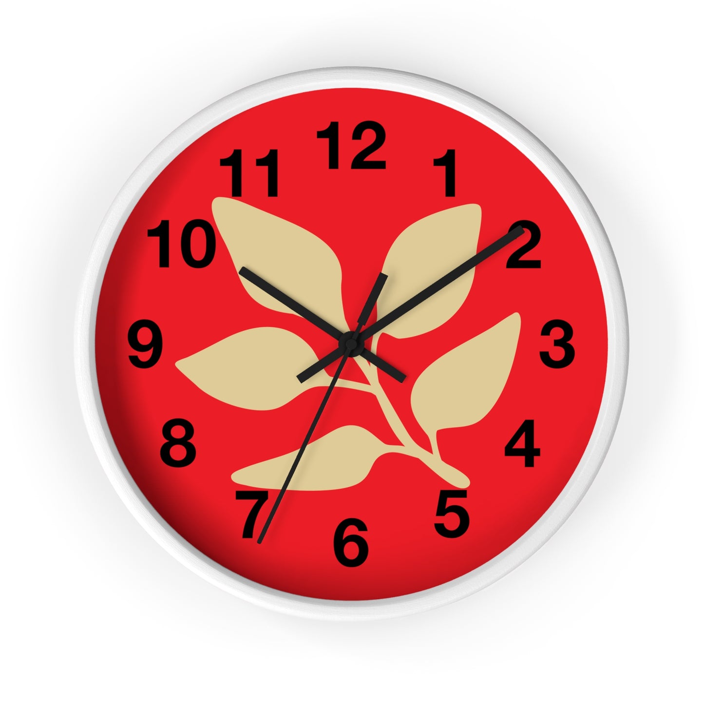Botanical Red Wall Clock — Minimal Leaf Design Decorative Clock