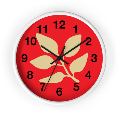 Botanical Red Wall Clock — Minimal Leaf Design Decorative Clock
