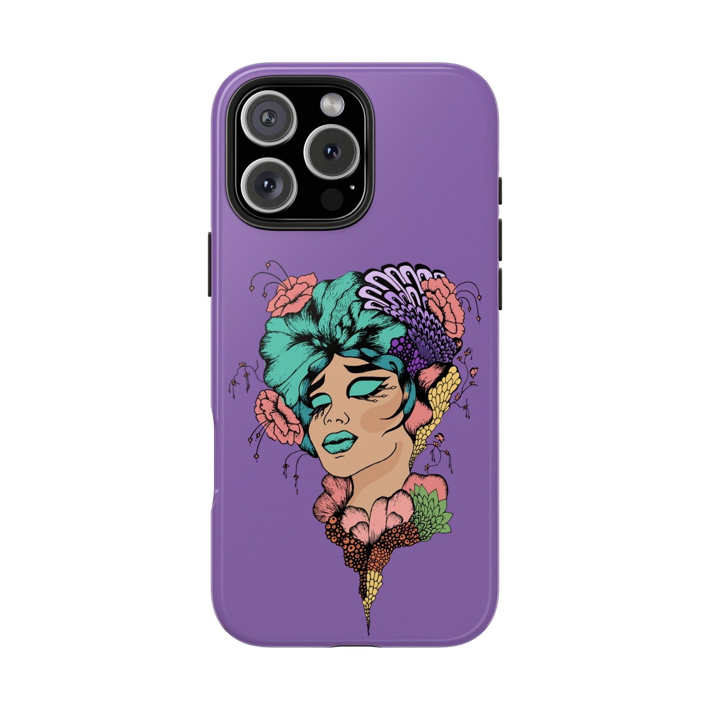 Floral Dreamer Tough Phone Case — Purple Artistic Woman Illustration, Protective iPhone Cover