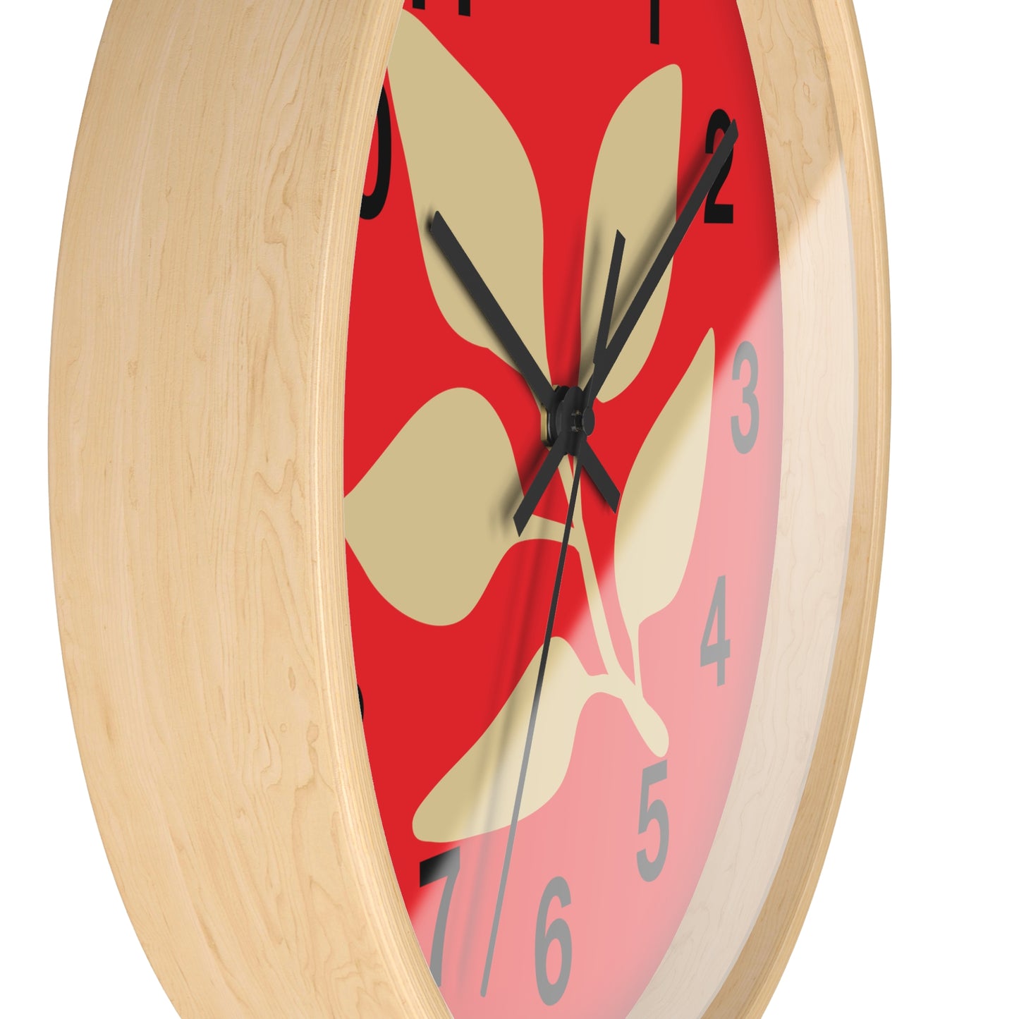 Botanical Red Wall Clock — Minimal Leaf Design Decorative Clock