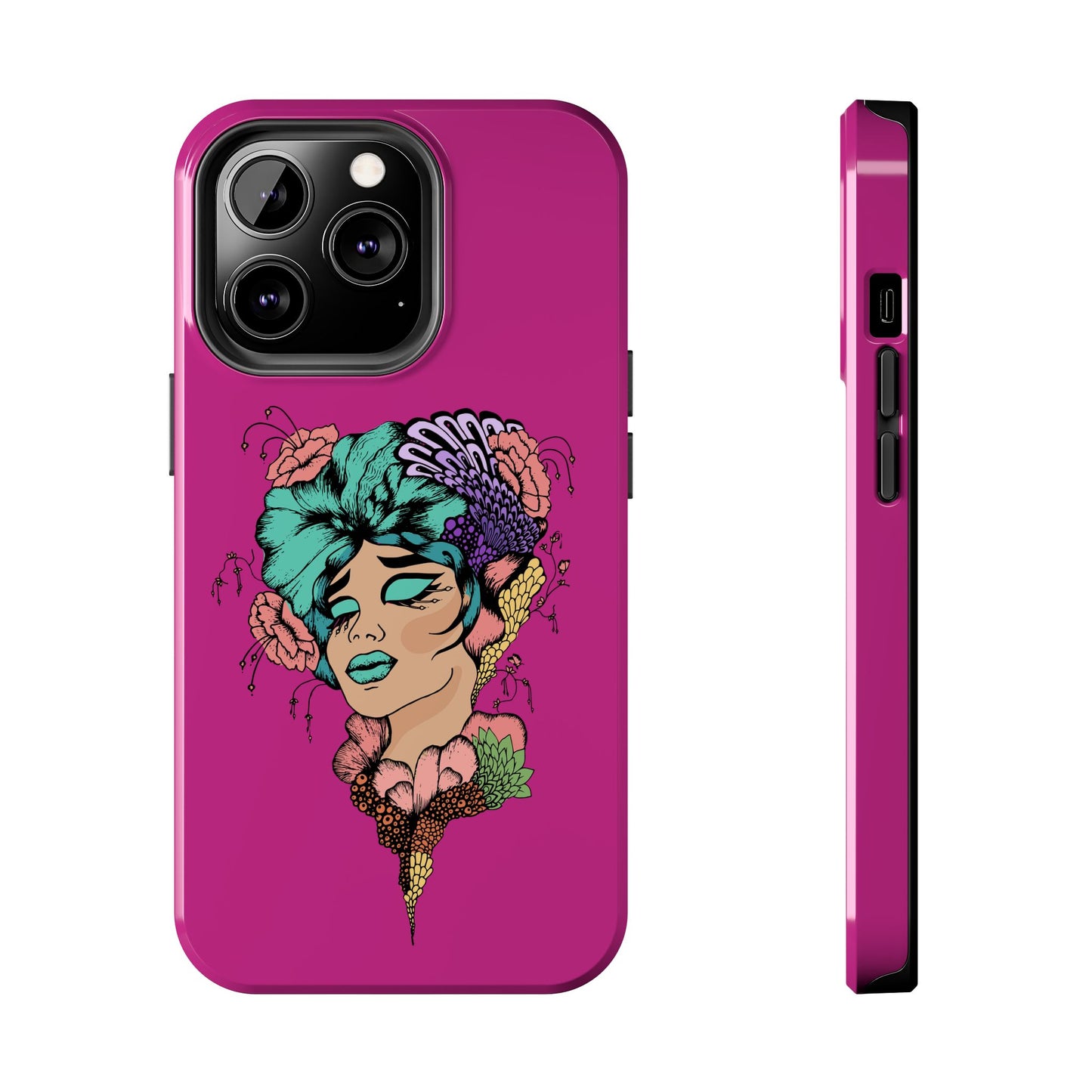Floral Muse Tough Phone Case — Bold Pink Artistic Portrait Phone Cover
