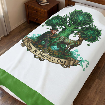 St. Patrick's Day Velveteen Plush Blanket — Celtic Tree, Leprechaun & Deer Design