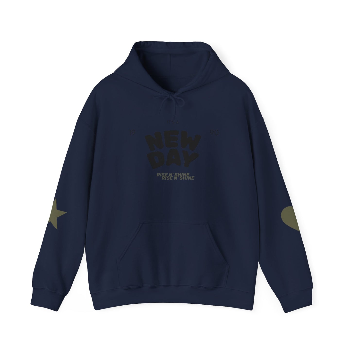 New Day Hoodie — "New Day" Graphic Pullover with Star & Heart Sleeve Accents