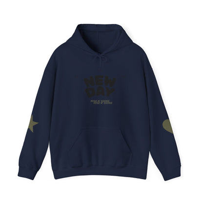 New Day Hoodie — "New Day" Graphic Pullover with Star & Heart Sleeve Accents