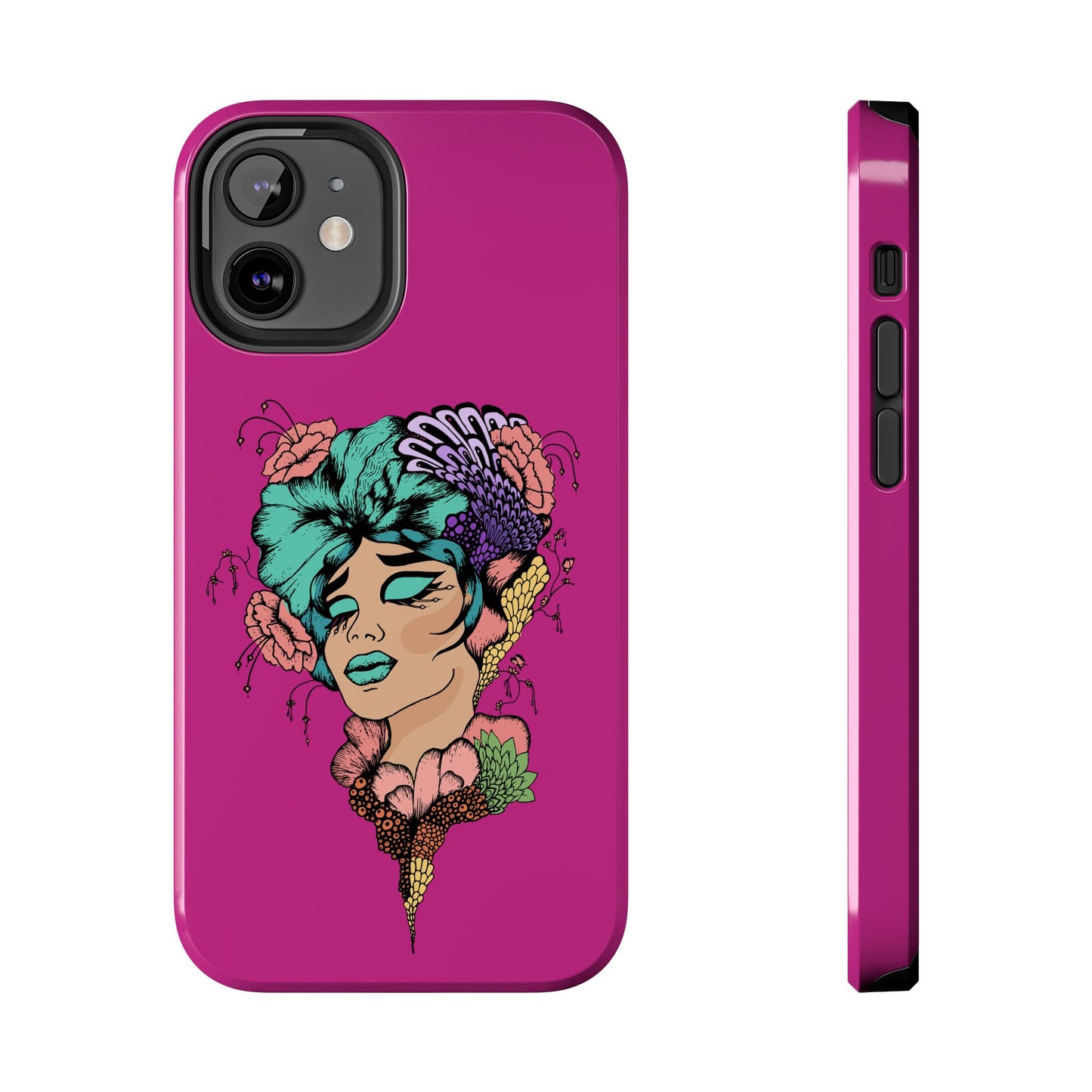 Floral Muse Tough Phone Case — Bold Pink Artistic Portrait Phone Cover