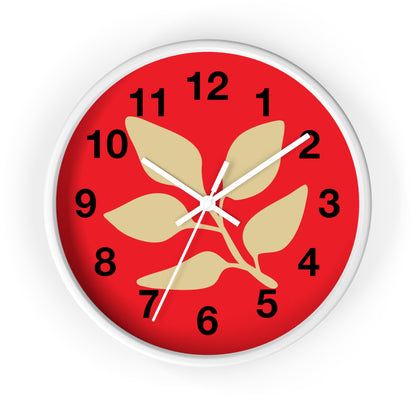 Botanical Red Wall Clock — Minimal Leaf Design Decorative Clock