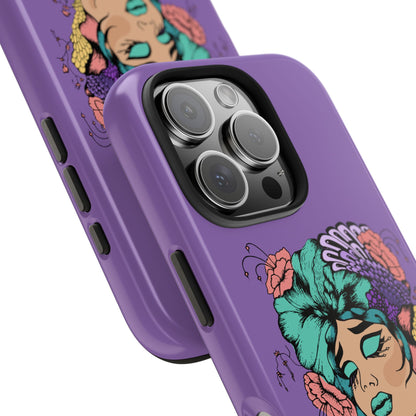Floral Dreamer Tough Phone Case — Purple Artistic Woman Illustration, Protective iPhone Cover