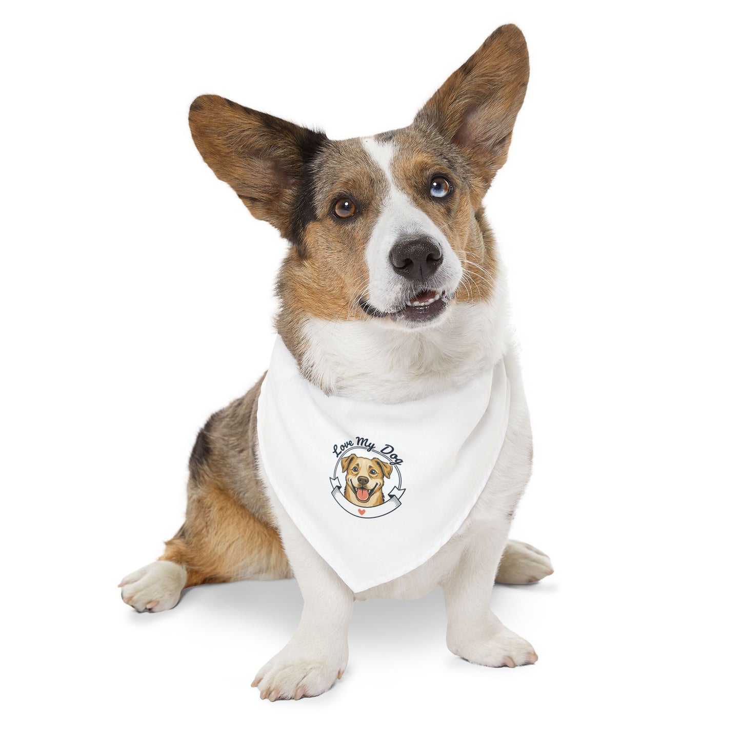 Pet Bandana Collar — "Love My Dog" Cute Dog Portrait Bandana Collar for Dogs, Adjustable Collar Accessory