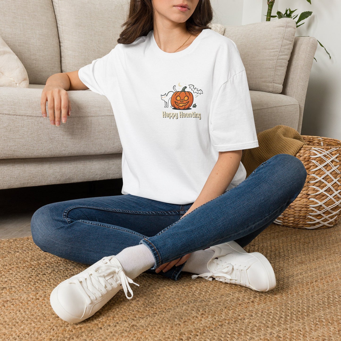 Halloween Pumpkin Graphic T-Shirt — "Happy Haunting" Cute Cat Jack-o'-Lantern Tee