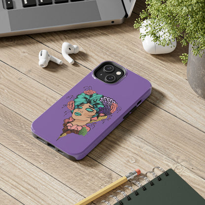 Floral Dreamer Tough Phone Case — Purple Artistic Woman Illustration, Protective iPhone Cover