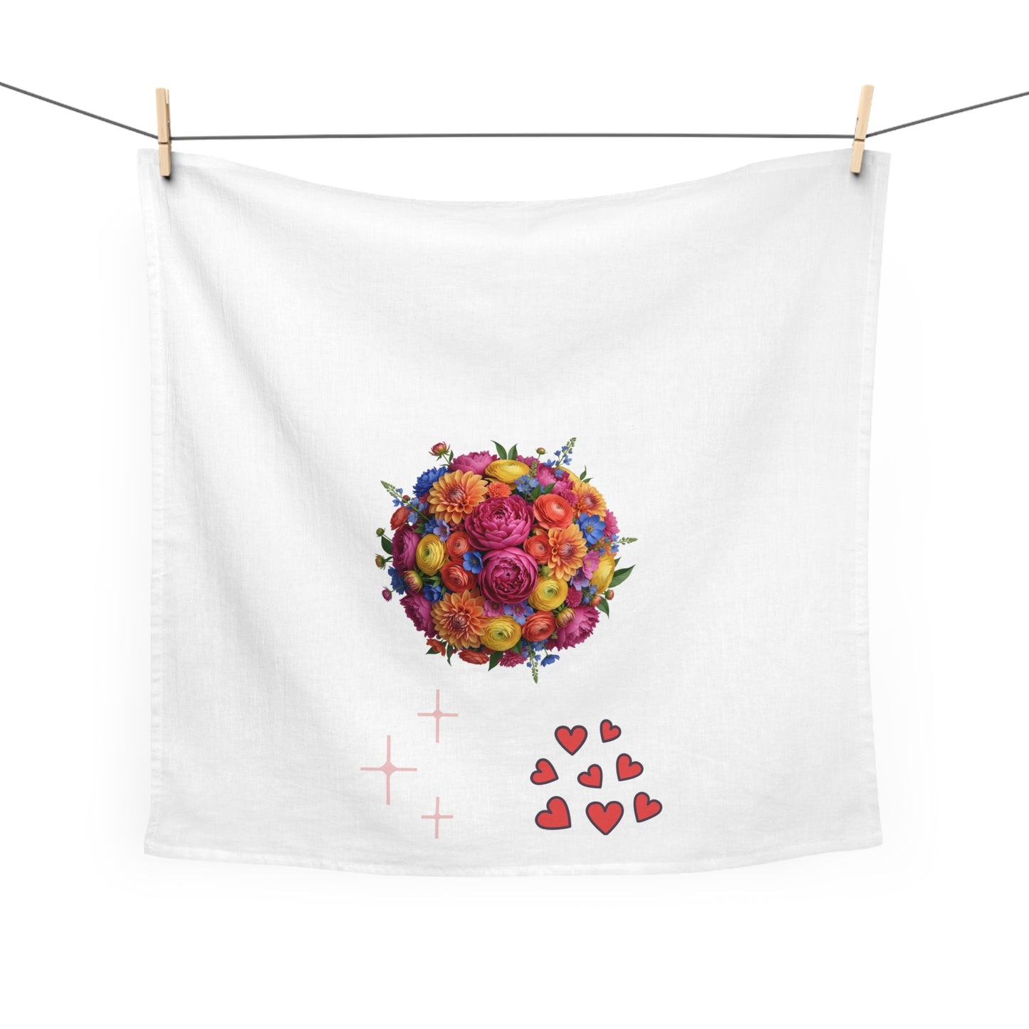 Floral Heart Bouquet Tea Towel — Bright Flower Ball with Hearts Kitchen Towel