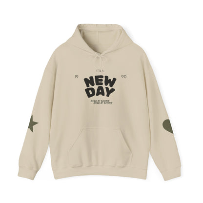New Day Hoodie — "New Day" Graphic Pullover with Star & Heart Sleeve Accents