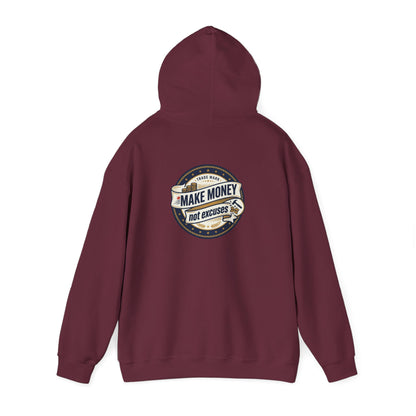 Make Money Not Excuses Hoodie — Motivational Vintage Badge Hooded Sweatshirt